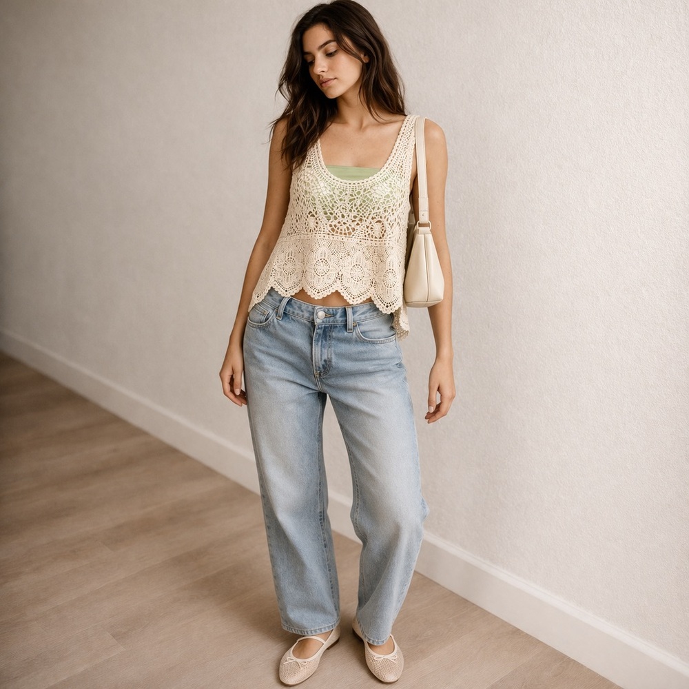 American Eagle Crochet Lace Tank Cream Scalloped Hem Y2K Boho SP